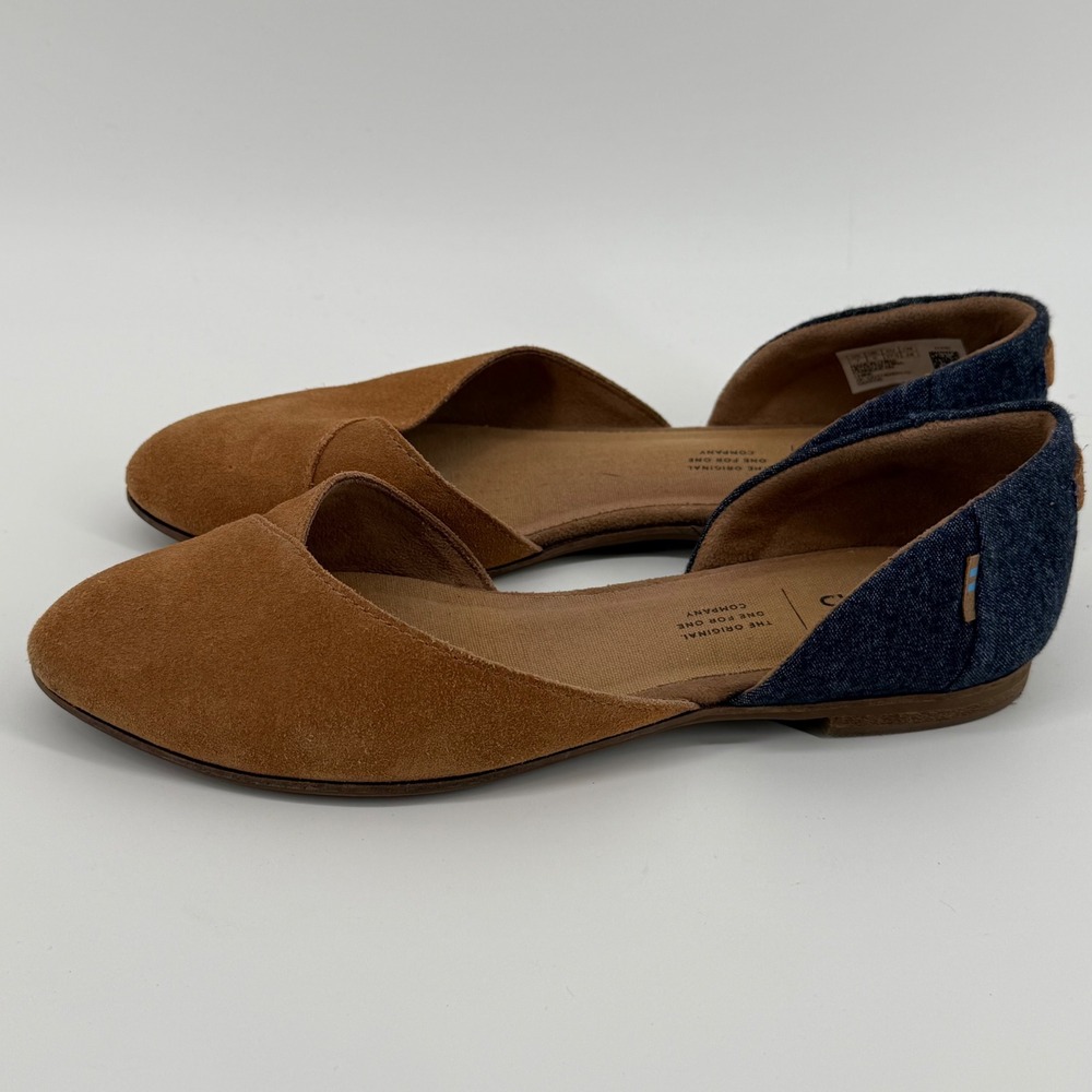 TOMS Jutti DOrsay Flats Tan Suede Denim Blue Pointed Toe Shoes‎ Womens 7
